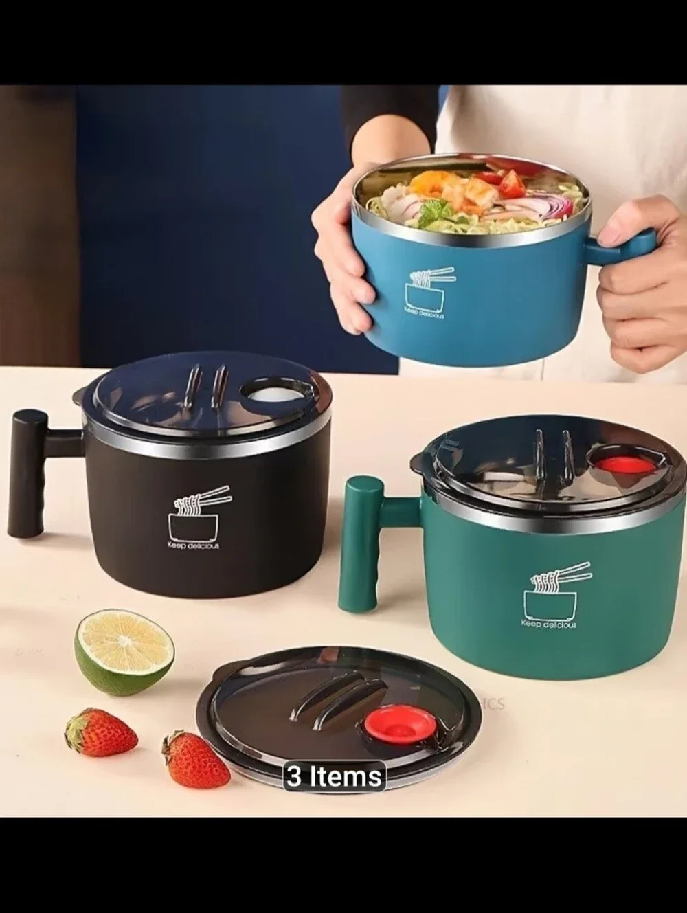 Black Stainless Steel Noodle Bowl with Handle and Steam Vent